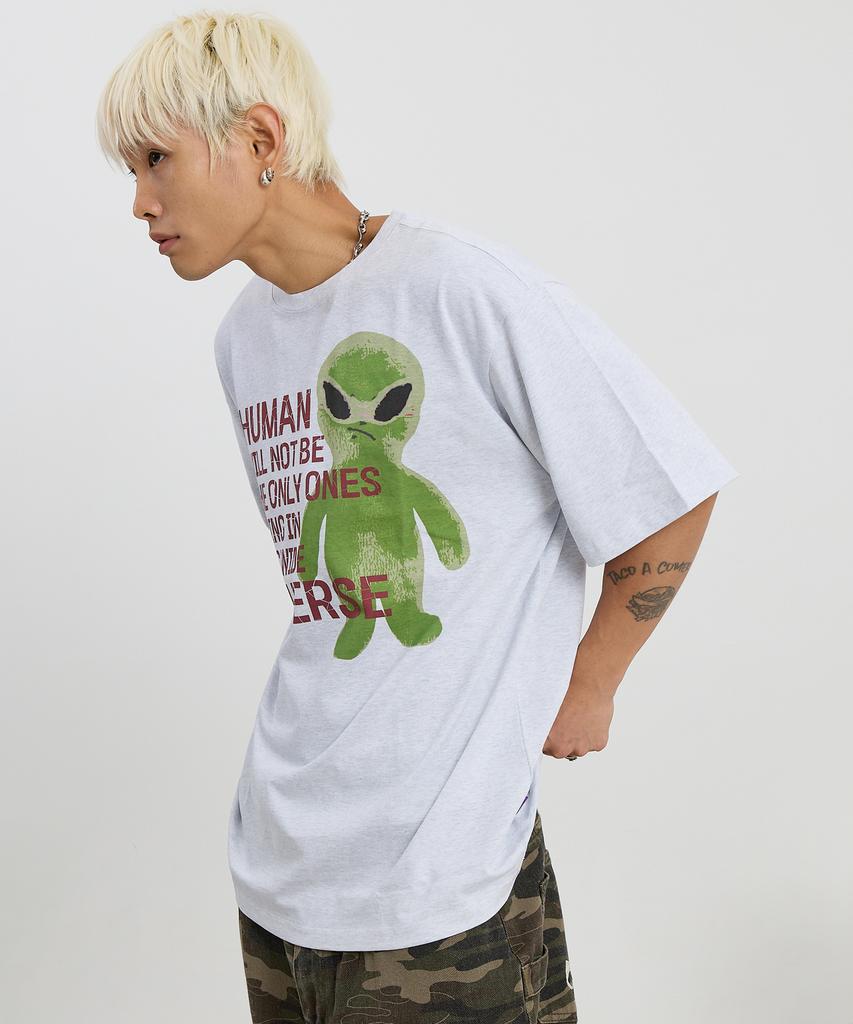 HOODHOOD Alien Slogan Short Sleeve T-Shirt Melange White