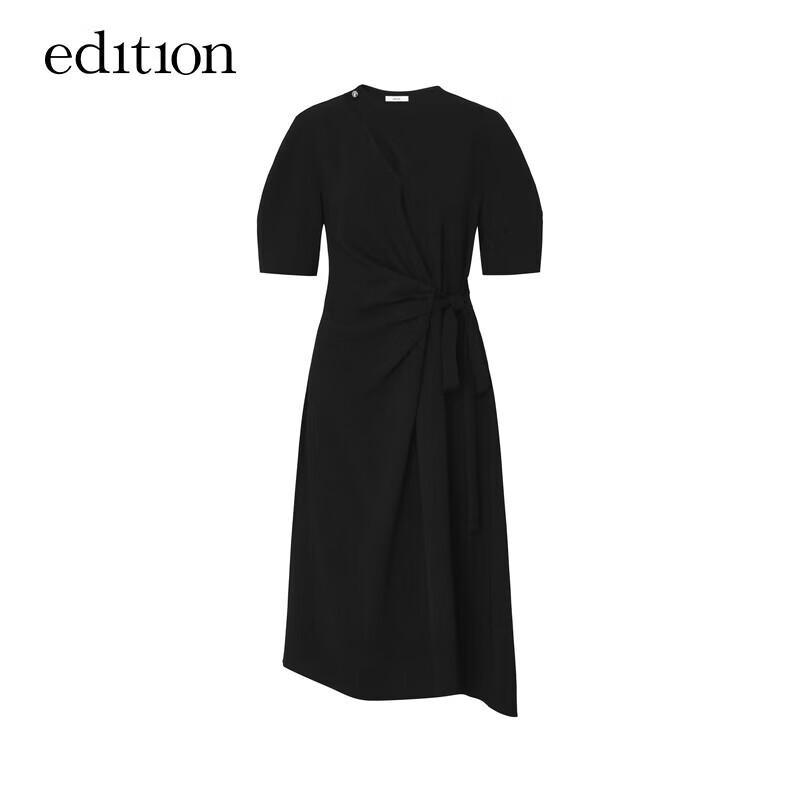 Edition French Puff Sleeve Tie-Waist Acetate V-Neck Little Black Dress