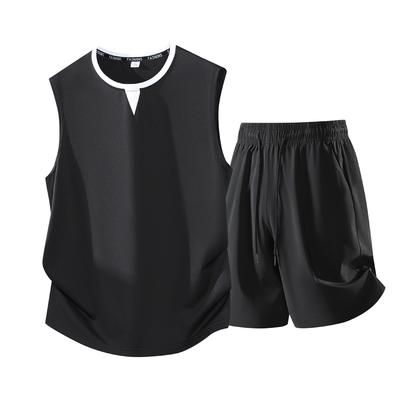 Men's Ice Silk Short-sleeved T-shirt Suit Men's Sports Cool Quick-drying Breathable Large Size Casual Sportswear Two Pieces
