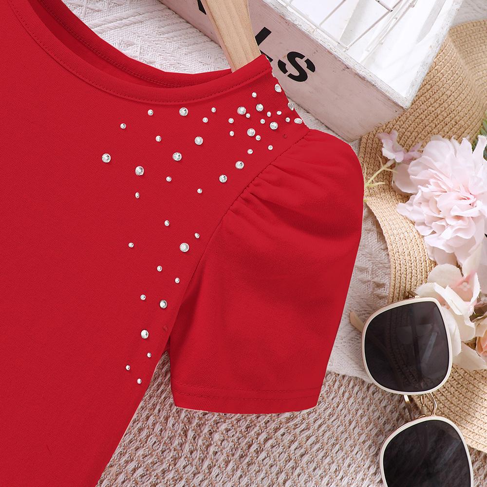 8-12Y Children's Casual Suit Girls Spring and Summer Girl Trousers Set New Bubble T-shirt + Shorts Set 2pcs