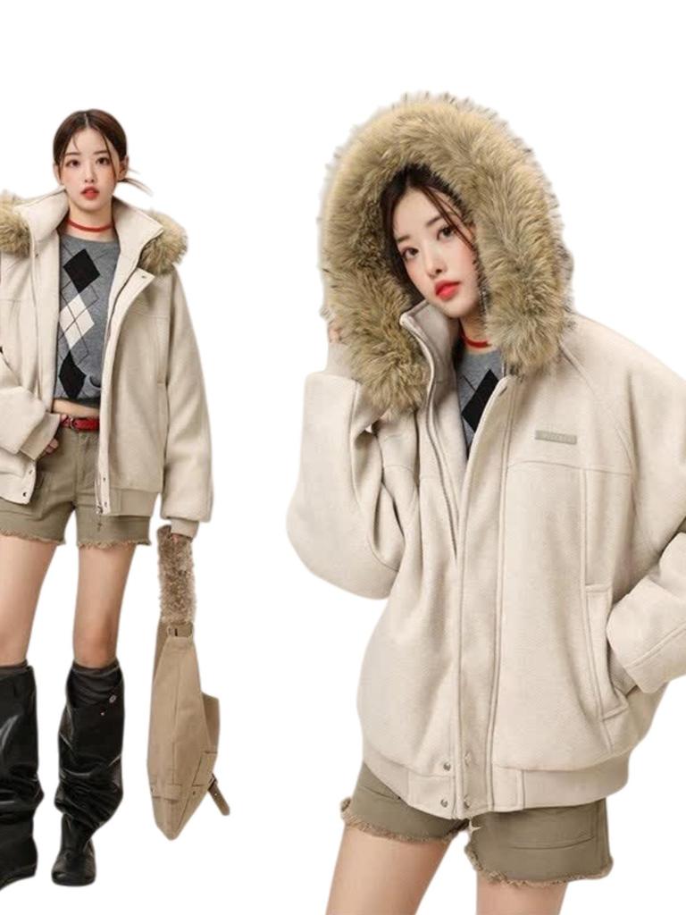 Men's Winter Wool Coat with Large Fur Collar - Mountain Eagle Hooded Heavyweight Jacket