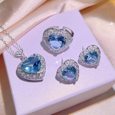 Aquamarine Topaz Colored Gemstone Open Ring Women  Stamp Temperament Heart-shaped Pendant Necklace Set Party Wedding Gift