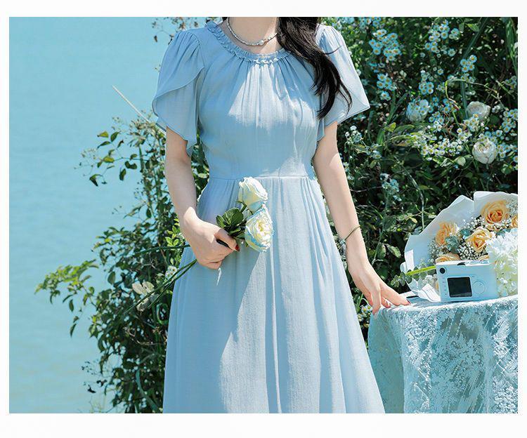 Elegant French Style Long Dress with Petal Sleeves and Belted High Waist