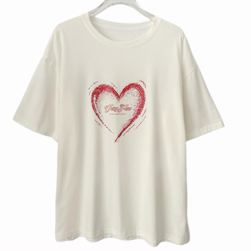 2025 Summer Heart Pattern Plus Size Women's Loose Slimming Round Neck Half Sleeve T-shirt
