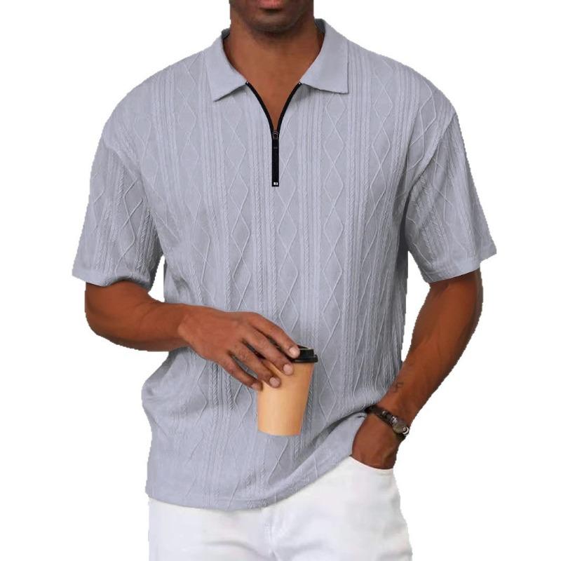 

Модная вязаная рубашка-поло с ретро-текстурой свободного кроя, мужская летняя футболка с ретро-лацканом, дышащая, на молнии, с короткими рукавами S серый