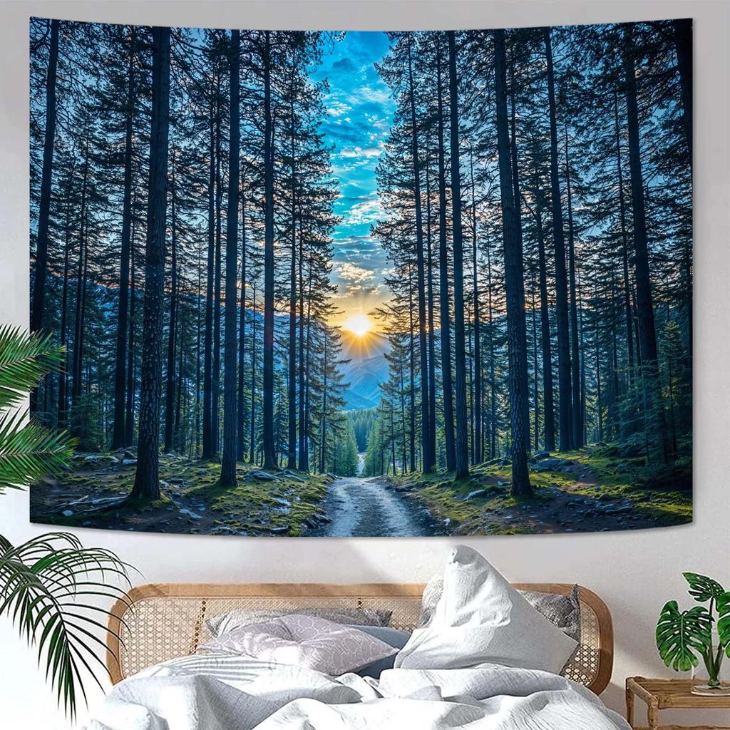 Nature Mountain Forest Tapestry Sage Green Tree Stream Wall Tapestry for Bedroom Aesthetic Lush Woodland Landscape Small