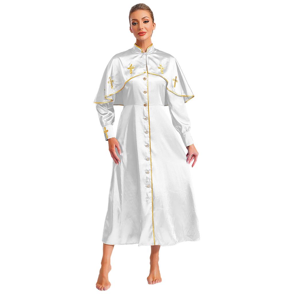 Womens Metallic Trim Church Choir Robe Stand Collar Long Sleeve Button Loose Dress