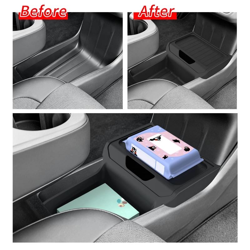 For Tesla Model Y Standard 2026 TPE Center Console Lower Storage Box Central Flip Cover Design Storage Organizer Tray Tidying