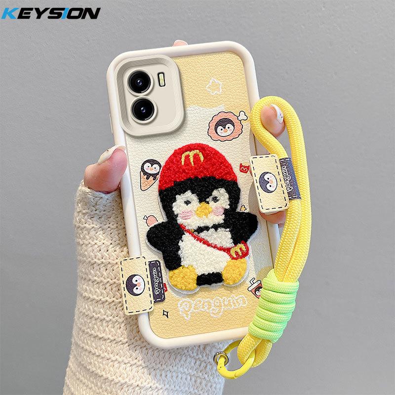 KEYSION Cartoon Cute Plush Embroidery Case for VIVO Y15S Y15A with Lanyard Soft Silicone Shockproof Phone Cover for VIVO Y16 Y01