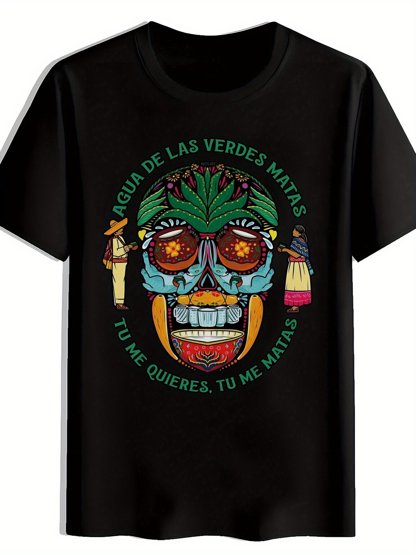

Mayan Skull Graphic T-shirt - Black Casual Short Sleeve Tee with Vibrant Colors XXL