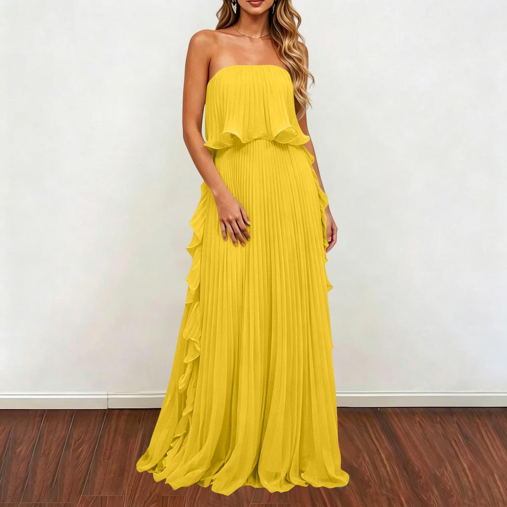 Women Strapless Pleated Maxi Dress Sleeveless Ruffle Hem Chiffon Evening Gown Long Length Summer Fashion Formal Dress