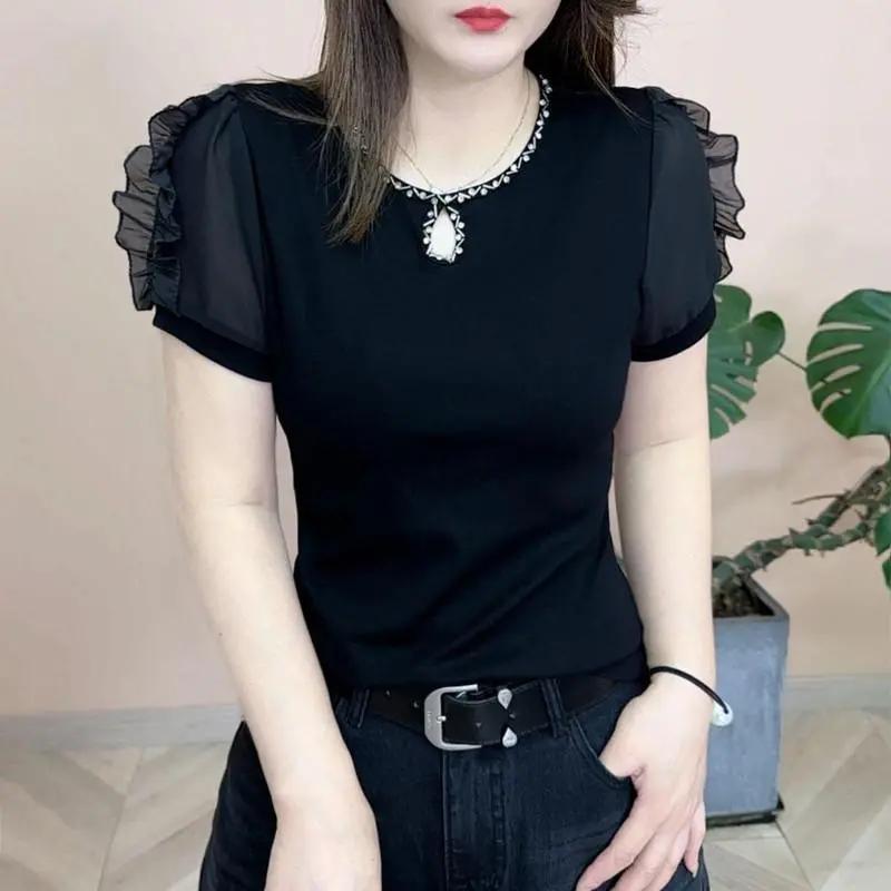 Women s White Rhinestone Keyhole Neck Ruffle Sleeve Irregular Hem Slim T-shirt S чёрный