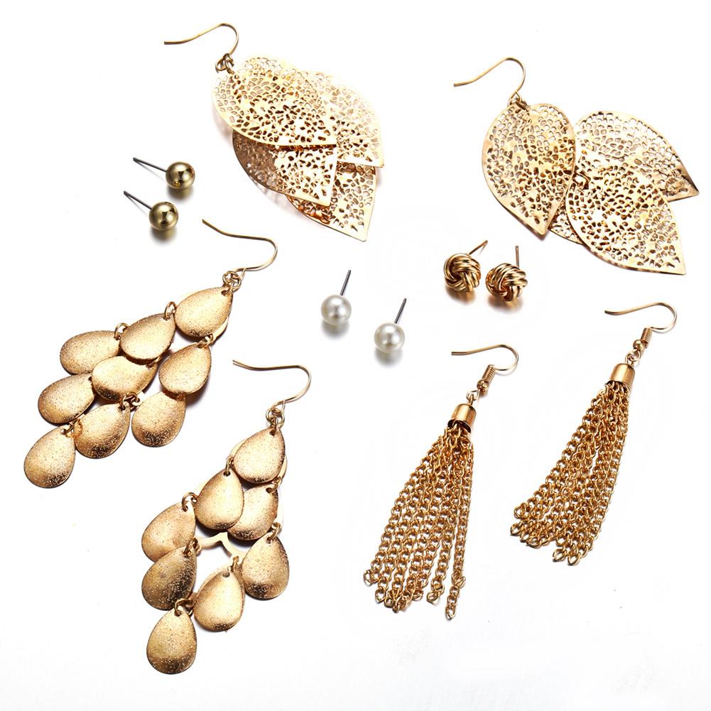 6 Pairs Bohemia Style Golden Jewelry Set Vintage Leaves Long Tassel Stud Earrings Set for Women