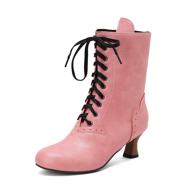 Fashion 2026 New Lace Up Ladies High Heel Shoes Strange Steampunk Boot Victorian Ankle Boots Women Pointed Toe Thick Soled Short Boots