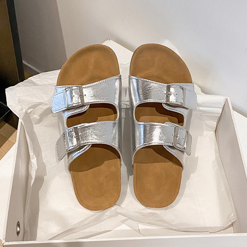 

Leather round head slippers 2025 summer wear versatile Japanese beach shoes cork matte buckle Boken sandals 40 срібний