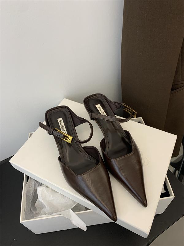 2025 spring and autumn new temperament pointed high heels women's one-word buckle with sandals thin heel bag head women's shoes