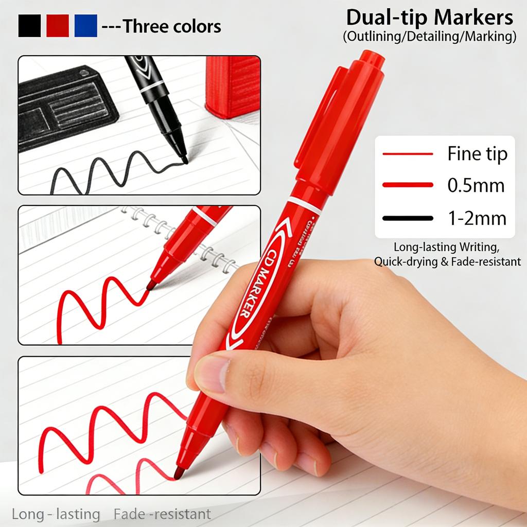 Tip Dual Permanent Marker Pens Waterproof Oil-Based Markers 0.5Mm Fine Tip  1-2Mm Bold Tip For Office School Cd Marking Blac