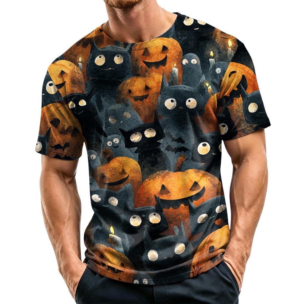 Men's Casual Printed Crew Neck Lightweight Breathable Short Sleeve Shirt Halloween Pattern Comfortable Fit