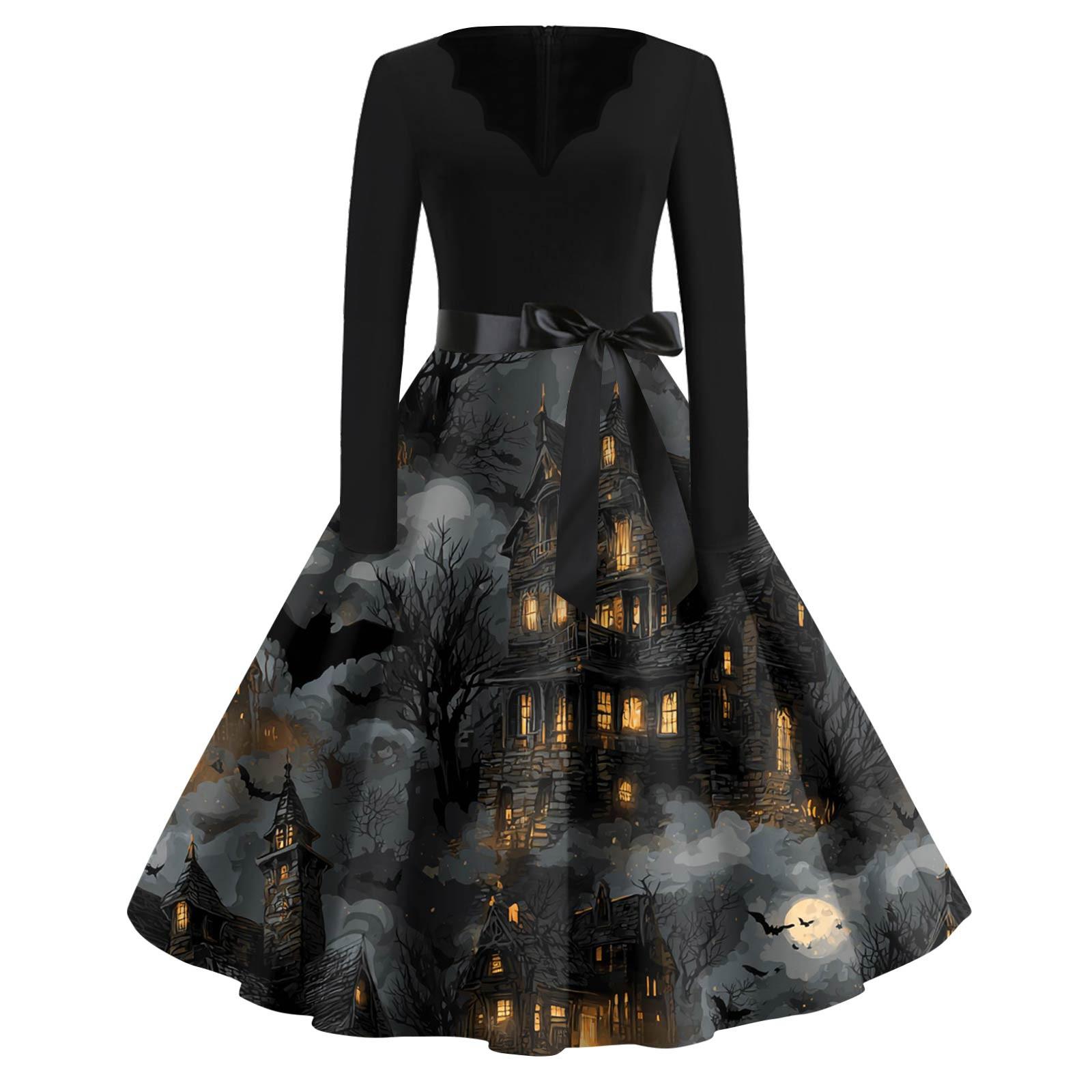 

Женская мода с v-образным вырезом, повседневные тонкие платья с длинными рукавами и принтом на Хэллоуин XXXXXL чёрный