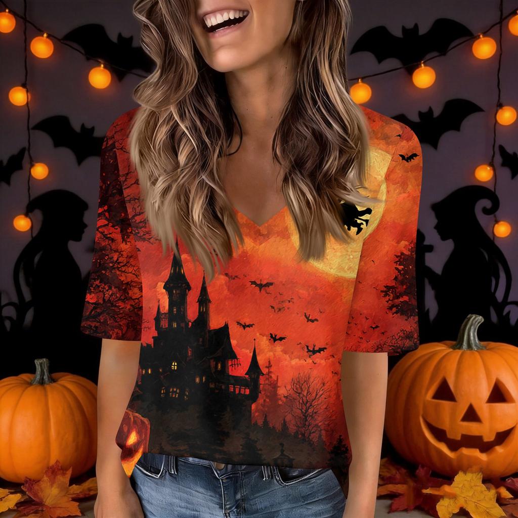 Women's Fashion Short Sleeve V Neck Halloween Print Tunic Top for Casual Wear