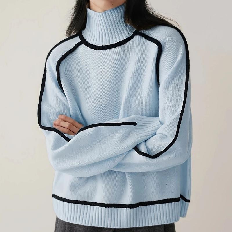 Women's Elegant Sweater Long Sleeve Turtleneck Pullover Sweater In Light Blue & White Horizontal Stripes Classic Knitwear Comfortable Stylish Top