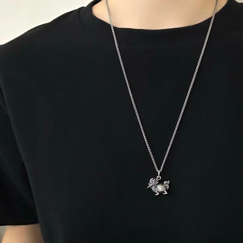 S925 Sterling Silver Dragon Turtle Pendant - Retro Ethnic Charm, Chinese Style Auspicious Necklace