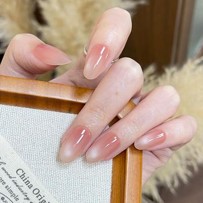 24PCS Peachy Gradient Cat Eye Press On Nails Pure Color Blush Short Oval False Nails Ins French Style Fake Nail Tips with Design