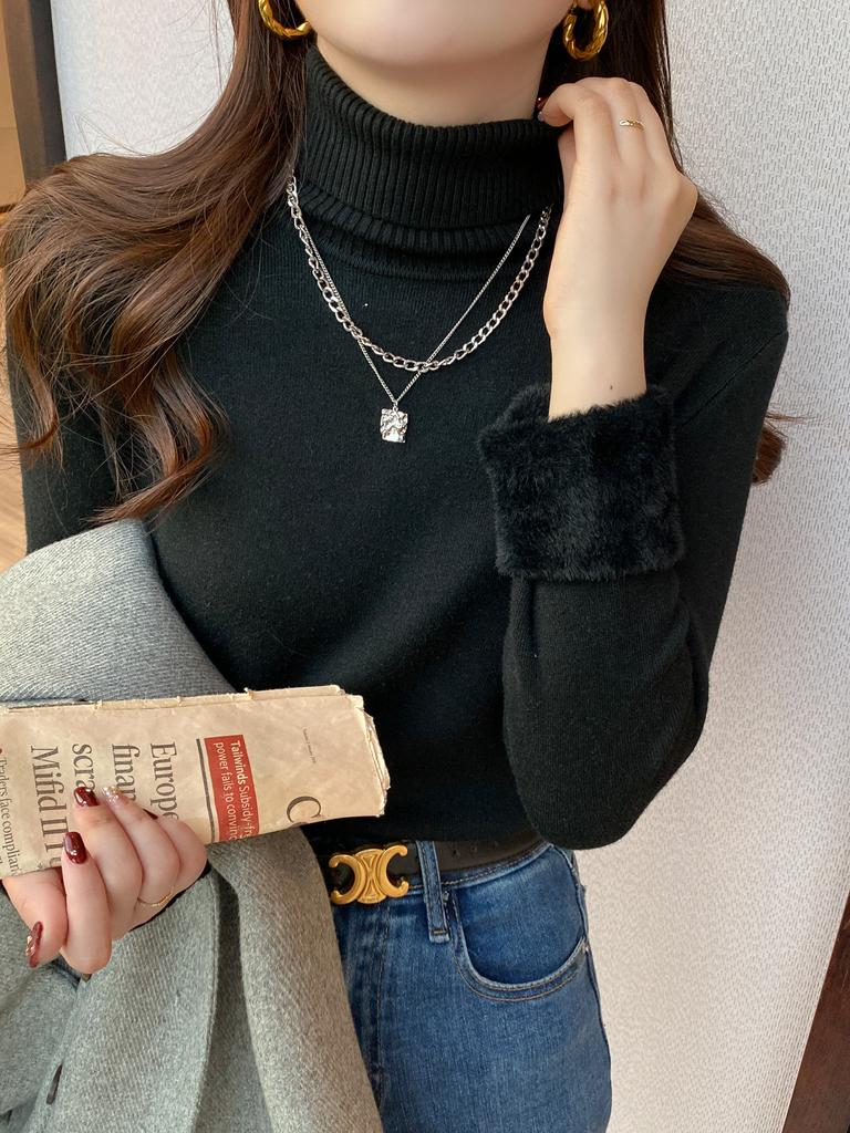 Turtleneck sweater women's fleece thickened autumn and winter new integrated mink fleece inner top bottoming shirt women's winter thick