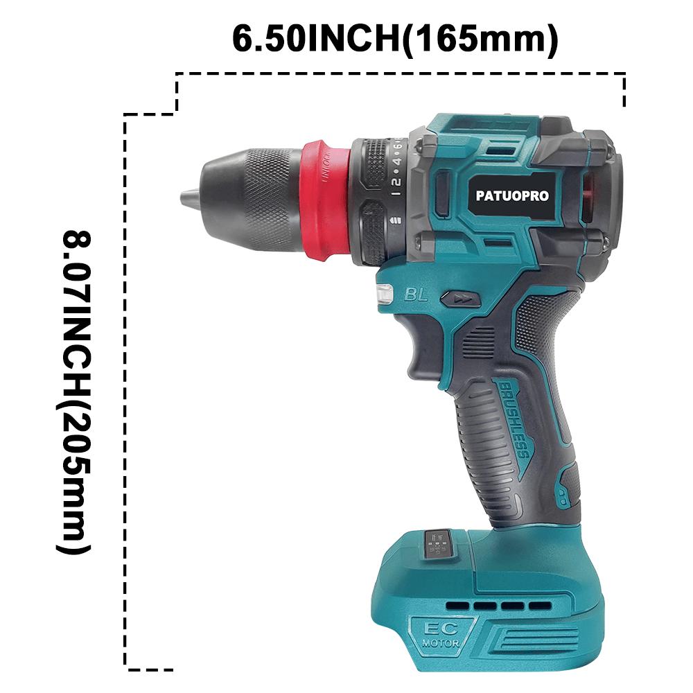 PATUOPRO 2 In 1 Cordless Electric Drill 10MM Chuck Brushless Screwdriver Rechargeable Driver Power Tool For Makita 18V Battery