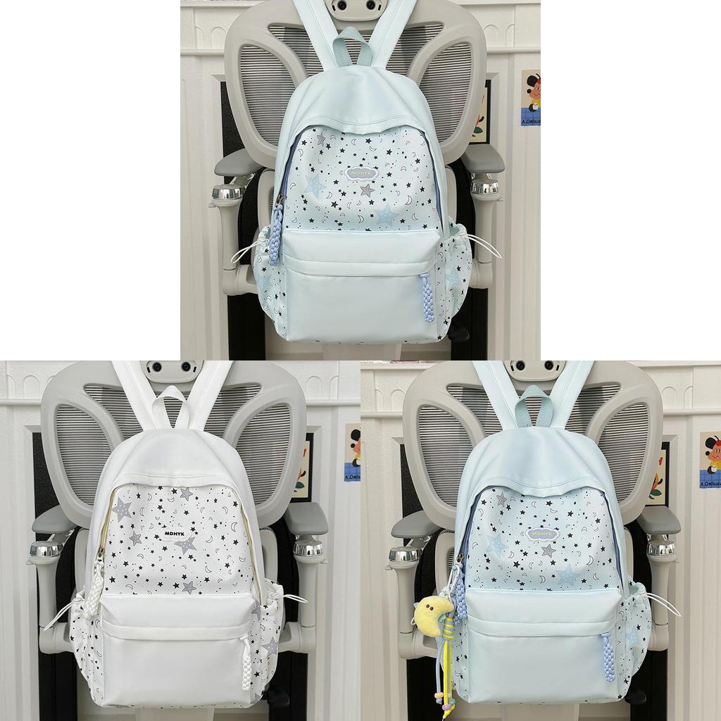 Nylon Girl Backpack With Star Print And Moon Pendant For Casual Travel
