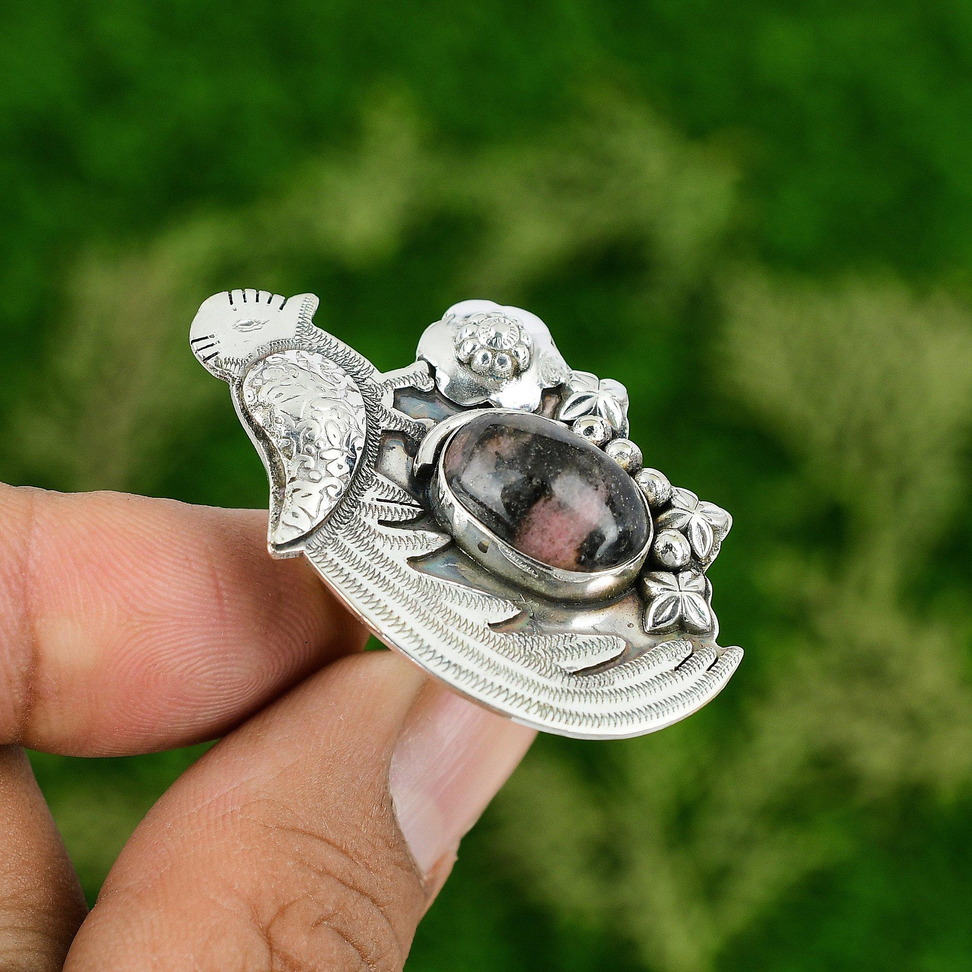 

Подарок для нее Натуральный родонит Многокаменный кольцо с птицей регулируемое серебро 925 пробы Adjustable