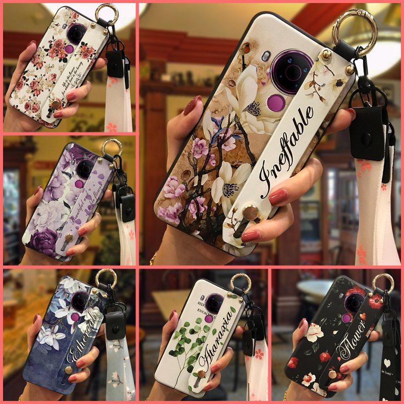 Back Cover Anti-dust Phone Case For Nokia 5.4 Wrist Strap Anti-knock Kickstand Shockproof Wristband Flower Phone Holder