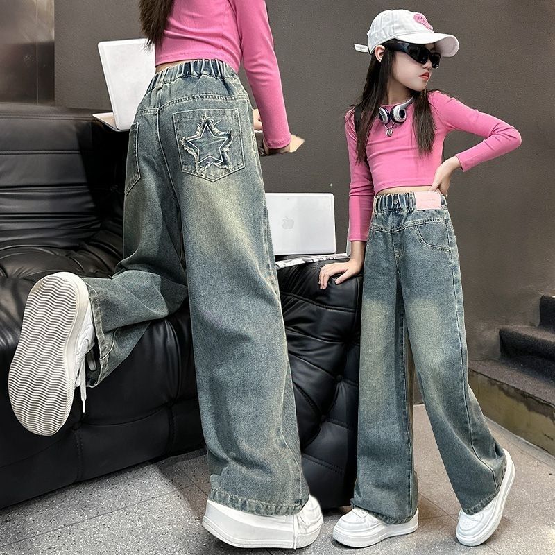 Autumn Cotton Bow Embroidery Girls Jeans Pants Solid Color Loose Wide Leg Trousers for Kids Girls Korean Soft Children Pants