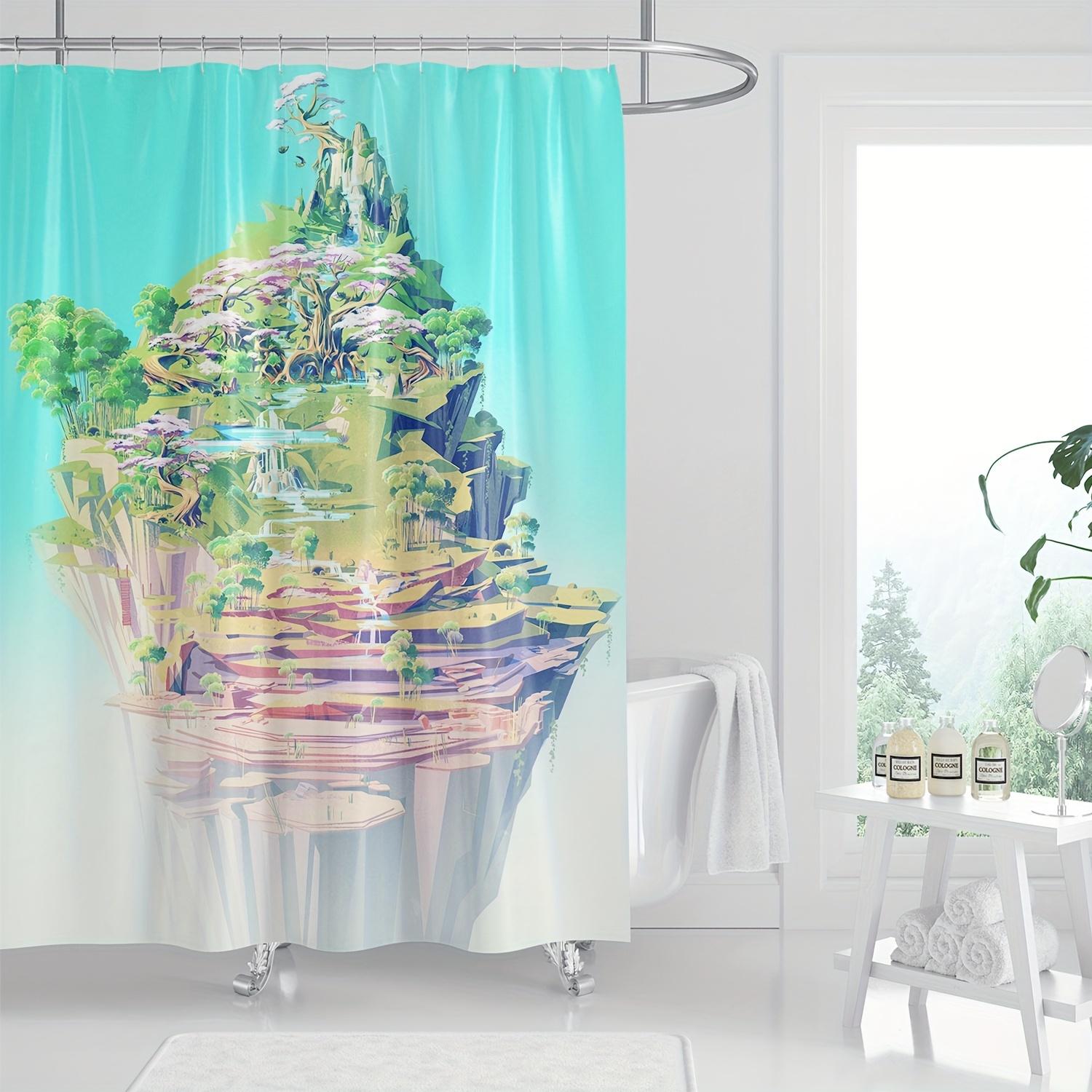 

Nordic Artistic Cartoon Island Shower Curtain, Fantasy Landscape with Mountains & Waterfalls, Polyester, Elegant Bath Decor W90xH180cm