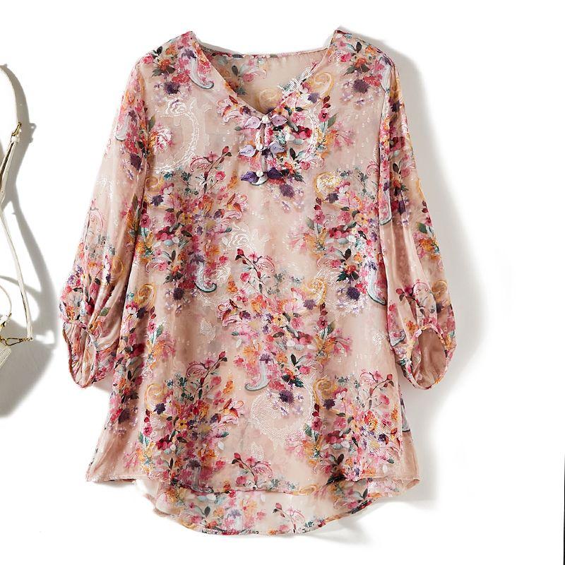 Large and Medium National Style Travel Shirt! Goddess Digital Print Organza Plate Buckle V-neck 3/4 Sleeves Loose Swing T-shirt Loose