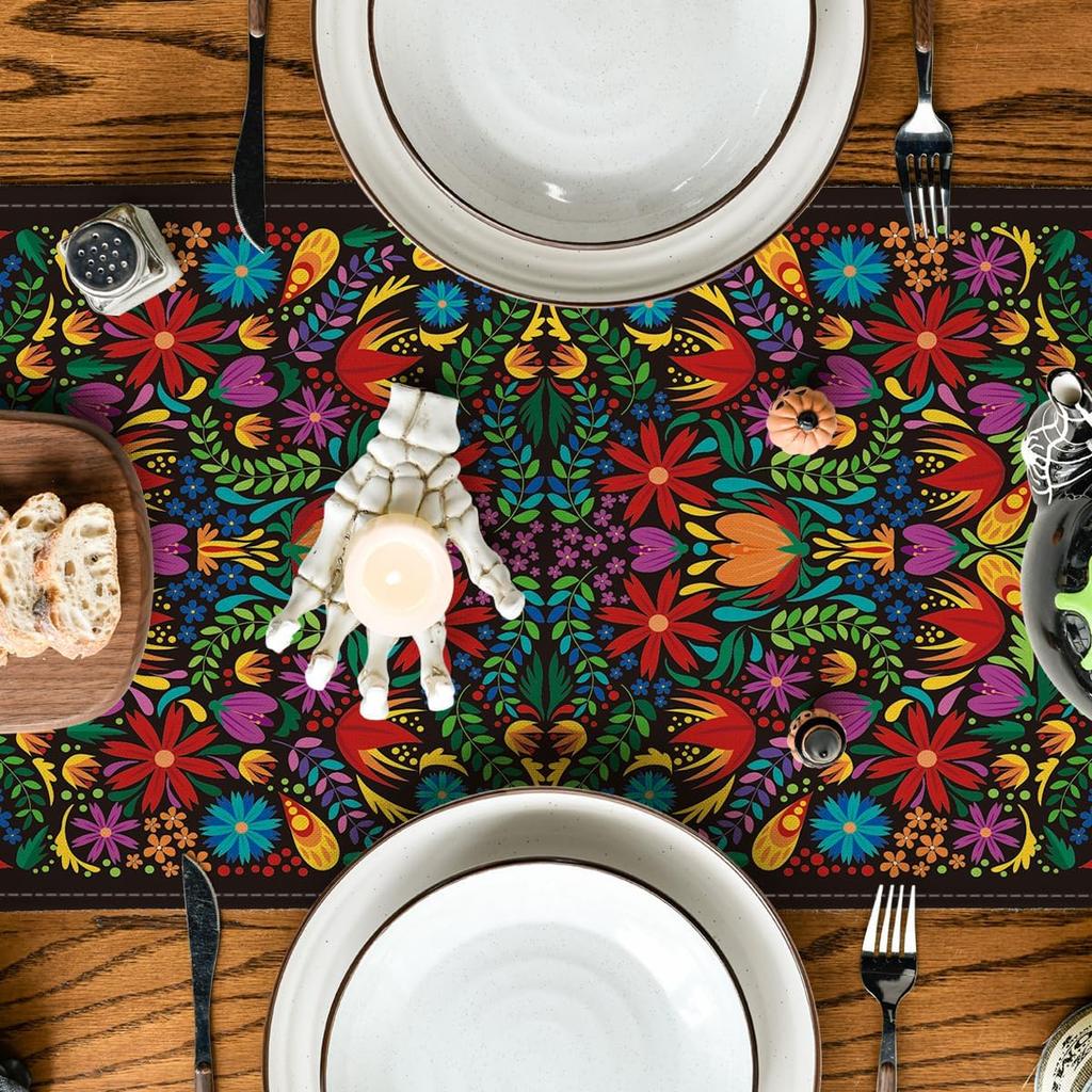 Artoid Mode Dia De Los Muertos Floral Fiesta Mexican Table Runner, Mexico Day of The Dead Kitchen Dining Table Decoration for Home Party Decor 13x72