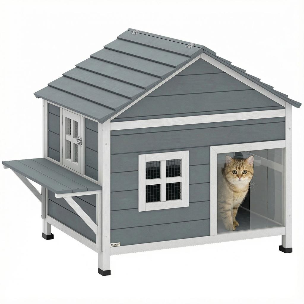 Wooden Cat House, 2-Story Cat Den with Waterproof Flip-Up Roof, Side Platform, 101x72.5x81cm, Grey