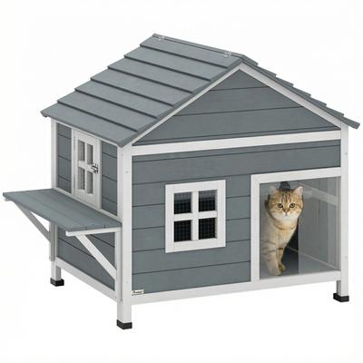 Wooden Cat House, 2-Story Cat Den with Waterproof Flip-Up Roof, Side Platform, 101x72.5x81cm, Grey