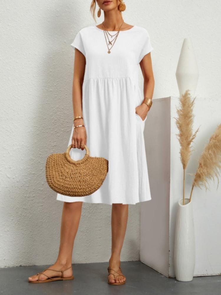 Cotton Linen Women's Plus Size A-line Skirt Round Neck Loose Dress Temperament Style Summer