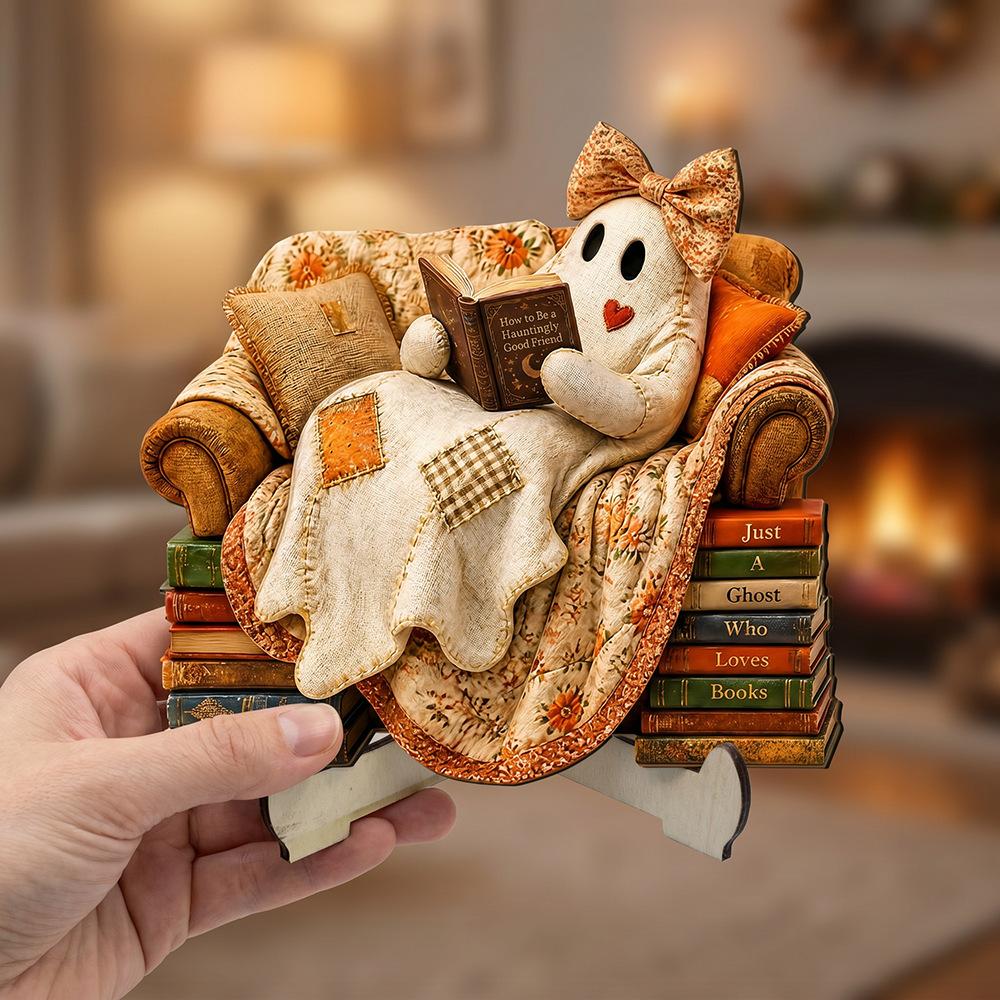 Halloween Ghost Figurine Reading Book, Wooden Decorative Piece, Pleasant Afternoon Tea Scene Atmosphere, Home Decoration Item