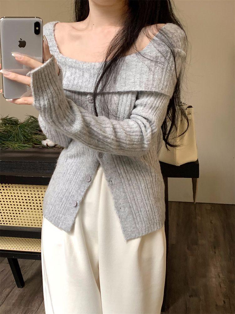 Pure & Sexy Off-Shoulder Knit Sweater for Women - Autumn/Winter Long-Sleeve Cardigan