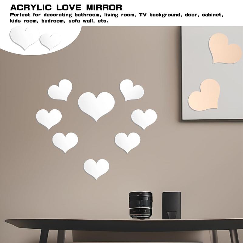 10PCS Mural Decal 3D Mirror Wall Sticker Love Heart Removable Stickers Livingroom Decoration Wall