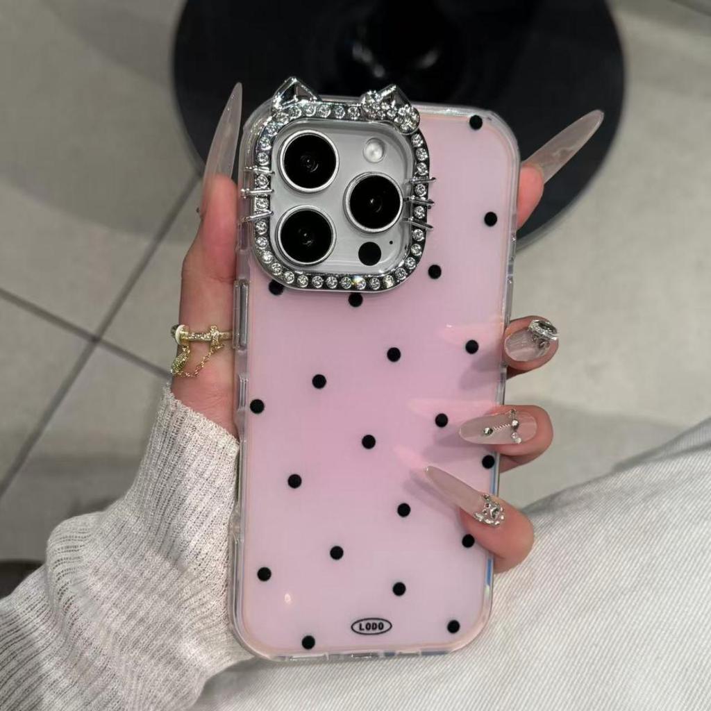 INS Style Full-Screen Polka Dot Cat Lens Case for iPhone 17/16 Pro Max - Simple Design for iPhone 15/13