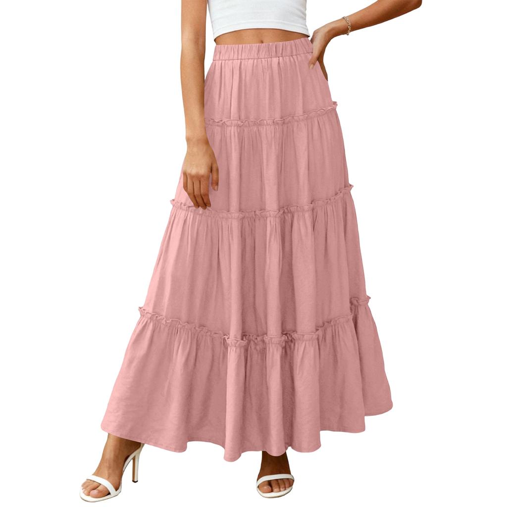 Women's Color Cotton Linen Elastic Waist Loose Close-fitting Long Skirt