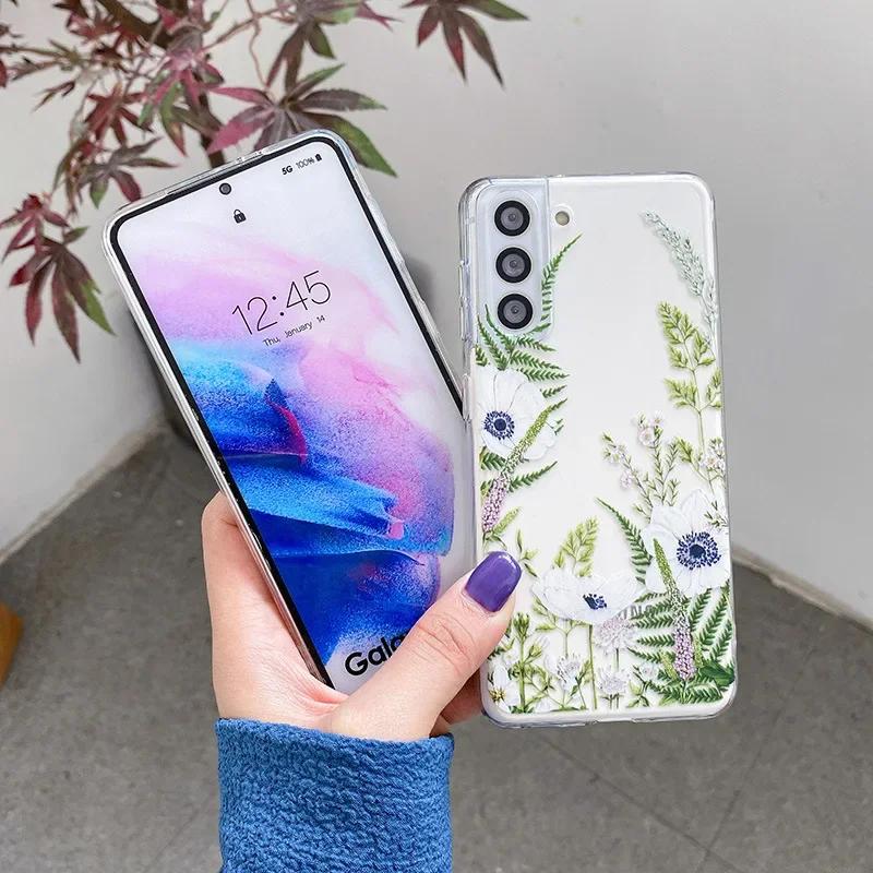 Süße handbemalte Handyhülle mit Blumen für Samsung S25 S24 S22 S21 FE Ultra Klare Silikonhüllen für Samsung Galaxy S23 Plus Ultra Hülle