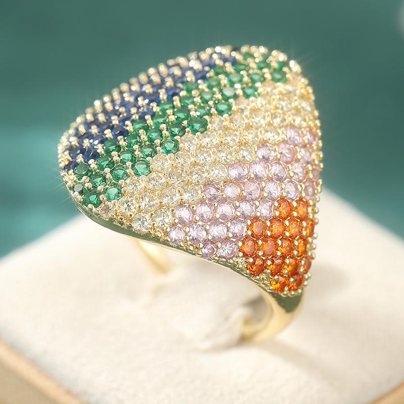 Gorgeous Inlaid Multicolored CZ Women's Ring Luxury CopperColor Geometry Daily Wear Party Jewelry Anniversary Gift