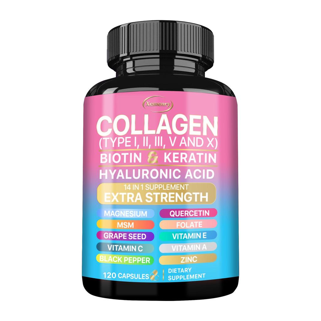 Collagen Peptide Capsules Containing Biotin, Keratin, Vitamin C, Vitamin E, Zinc, Magnesium, and Skin Health Support.