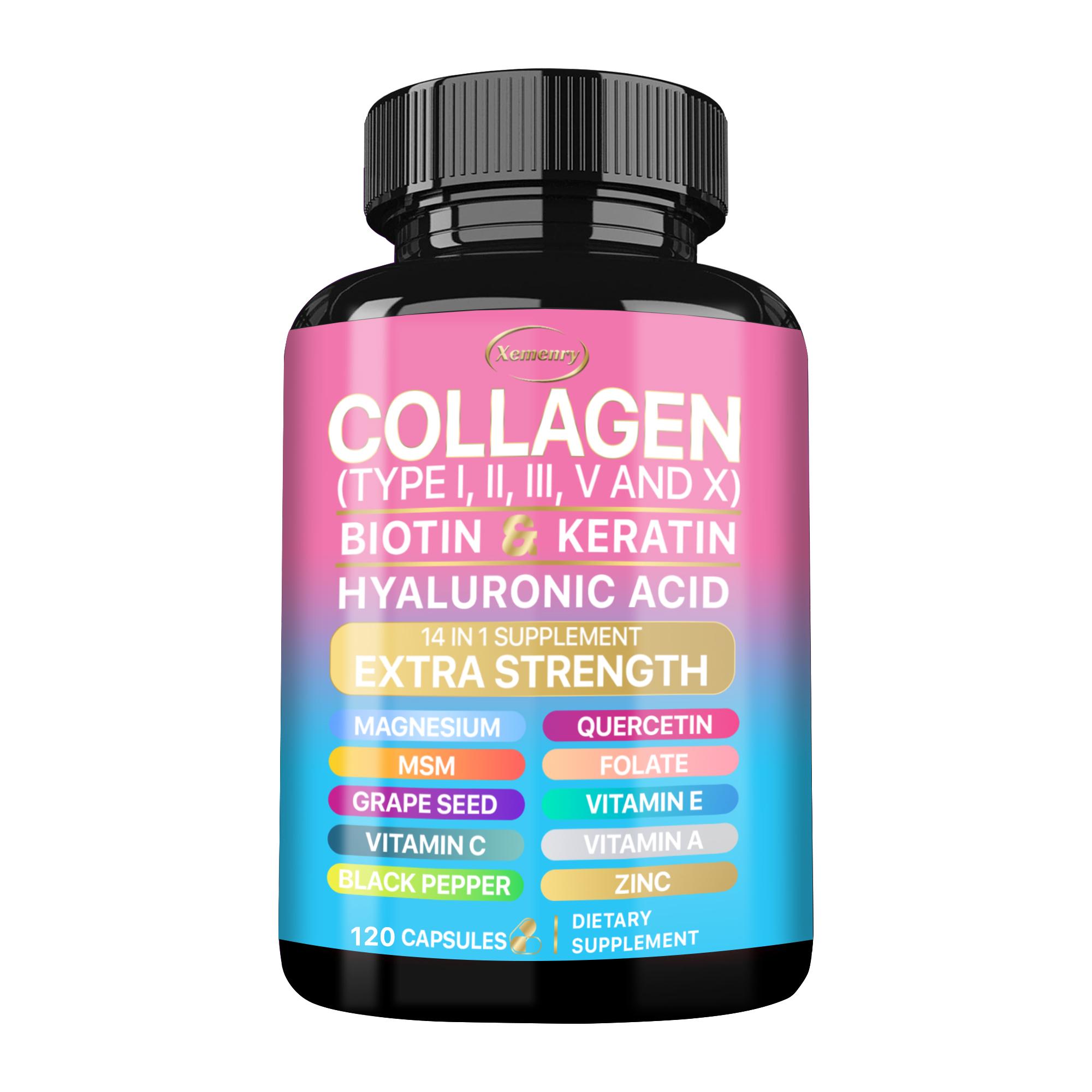

Multi-collagen peptide capsules, containing hydrolyzed protein peptides and hyaluronic acid, 120 capsules, suitable for adults. 120