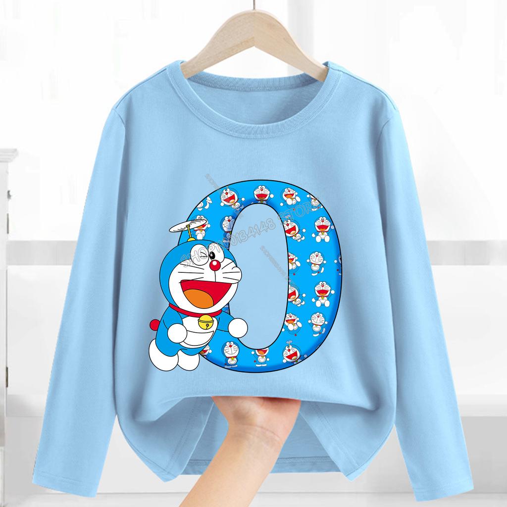 Doraemon Long Sleeve for Women Cartoon A-Z Letter Clothing Caftan Anime Clothes Blue Round Collar Blouse Gift