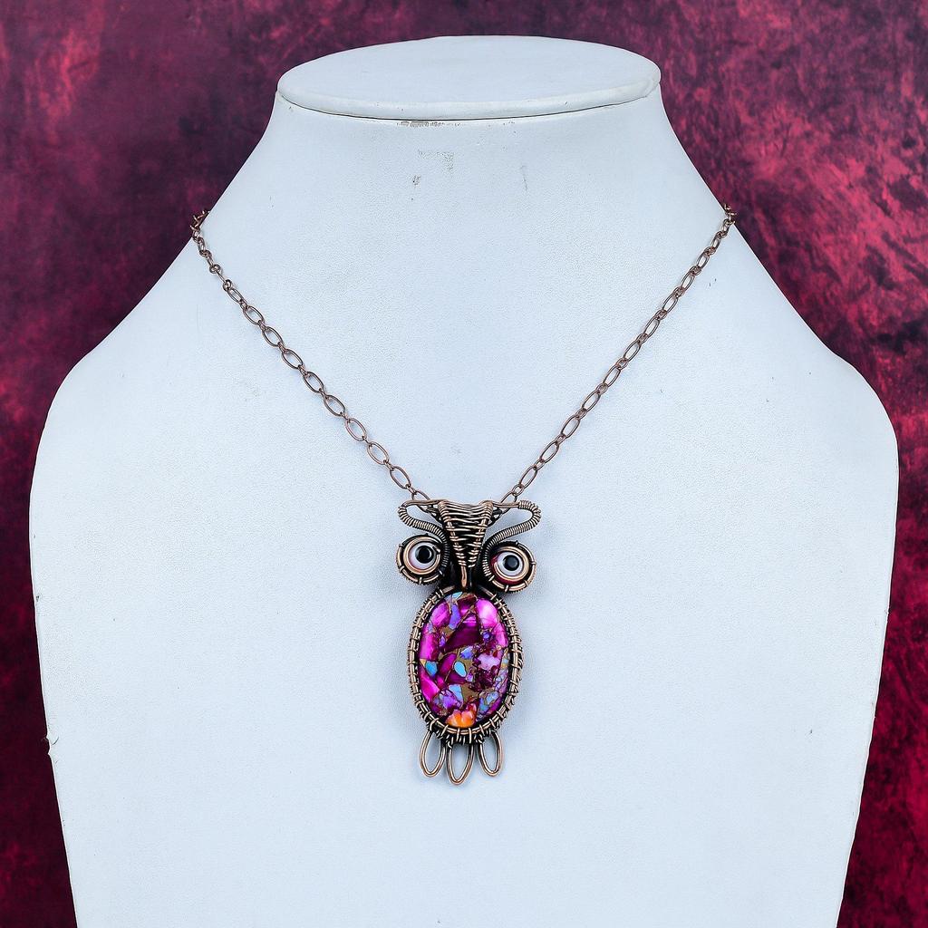 Natural Kingman Pink Dahlia Turquoise Pendant Copper Wire Wrapped Owl Jewelry